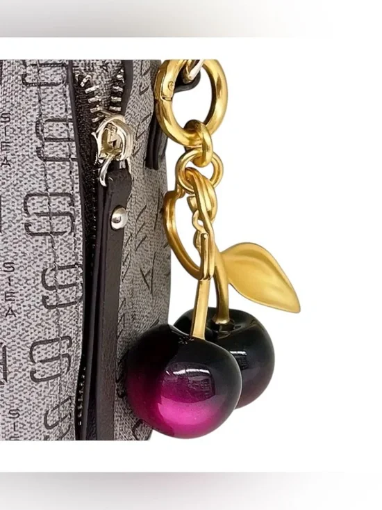 Gold Cherry Keychain Bag Charm with Purple to-Black Ombre Cherries - Picture 2 of 3